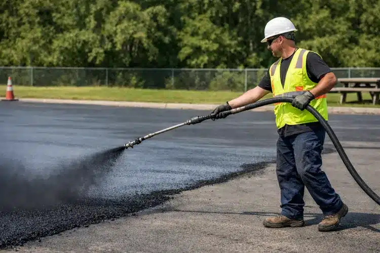 Worker in a hard hat and reflective vest uses a hose to spray asphalt on a newly paved surface. Trees and picnic tables in background.