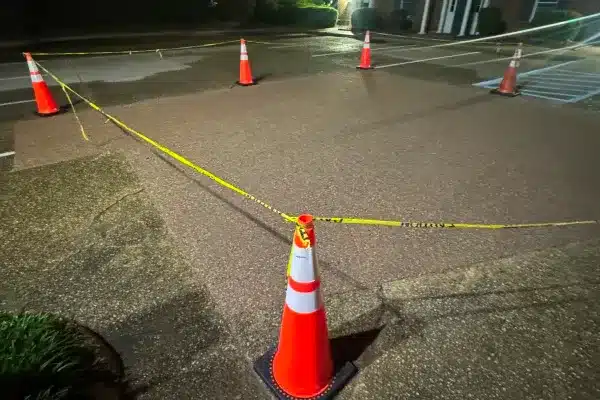 Traffic cones block off an area with caution tape at night, wet pavement visible in the background.