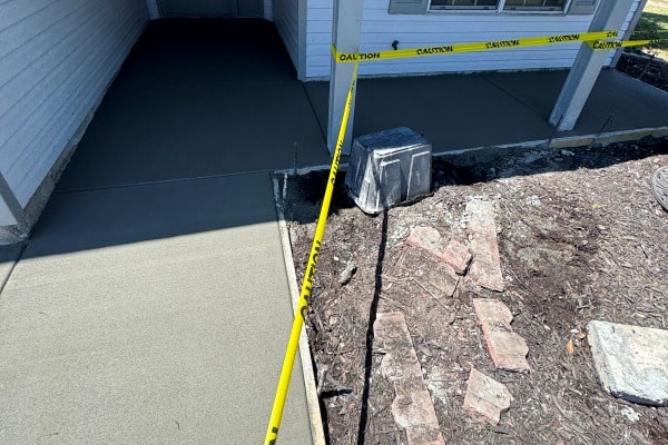 Caution tape is placed around freshly poured concrete at a building entrance, next to exposed soil and bricks.