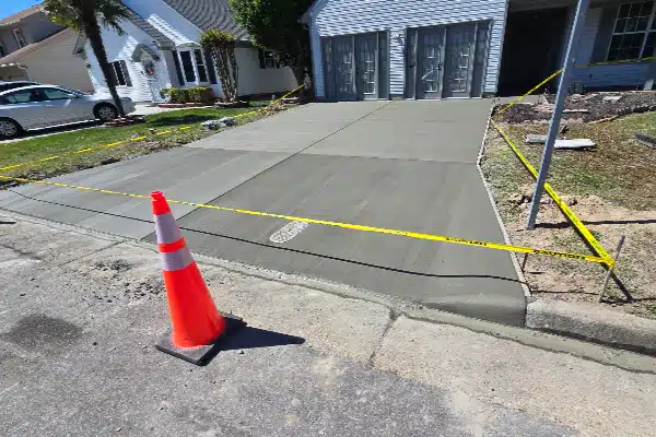 Newly poured concrete driveway with a traffic cone and caution tape blocking access. Residential house in background.