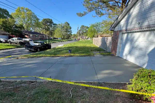 A concrete driveway is marked with yellow caution tape; nearby, grassy areas and parked vehicles are visible.