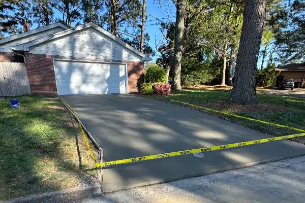 Freshly poured concrete driveway with yellow caution tape, situated beside a house and trees in a residential area.