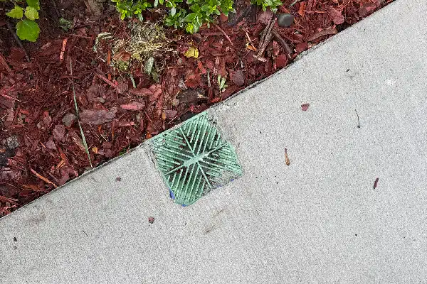 A textured green utility cover embedded in a concrete sidewalk, surrounded by red mulch and small plants.