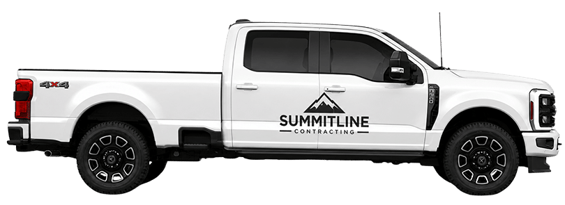 White pickup truck with black wheels, featuring Summitline Contracting and mountain logo on the door.