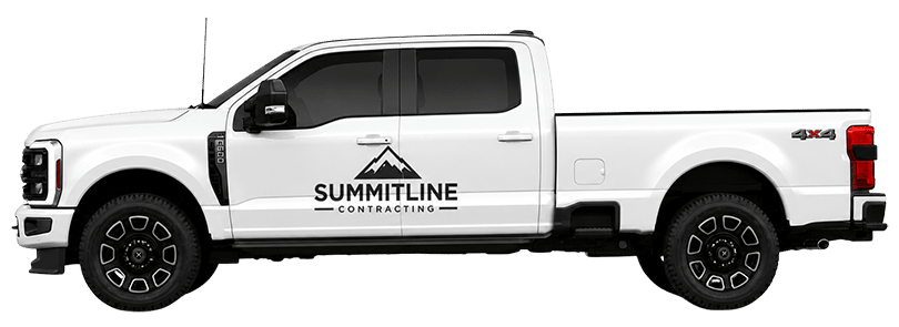 A white pickup truck with black wheels and a logo for Summitline Contracting on the side.